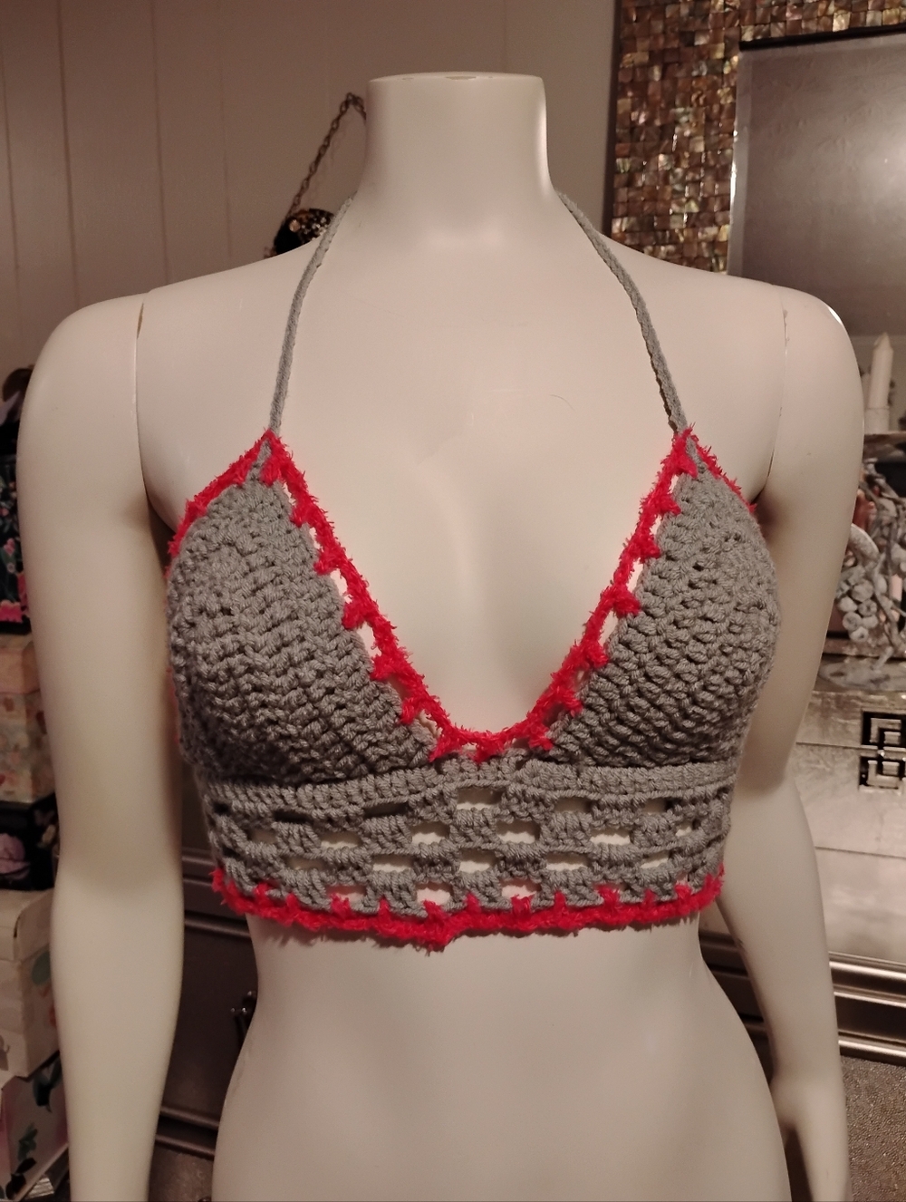 Handmade Crochet Bralette - Gray with Pink Trim